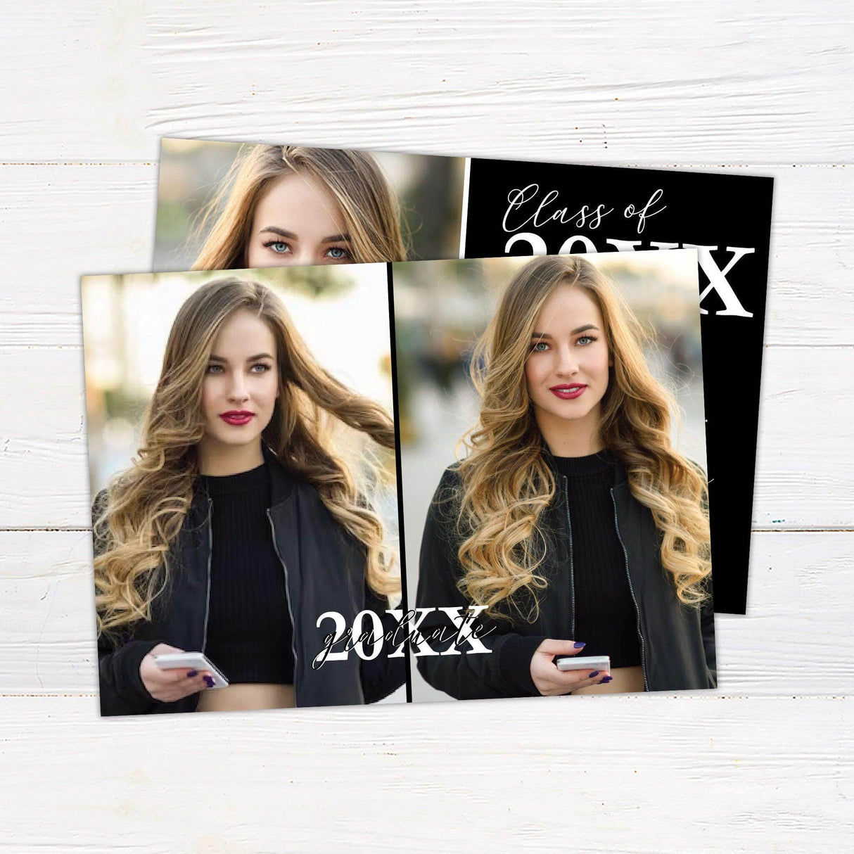 Elegant graduation invitation featuring a two-panel design. The left side showcases a personalized photo, while the right side includes graduation details with a customizable background color. The back of the invitation highlights two additional photos along with the graduation year, making it a perfect keepsake for celebrating this milestone. Ideal for high school and college graduates, this invitation is fully customizable to match school colors. Back Black.