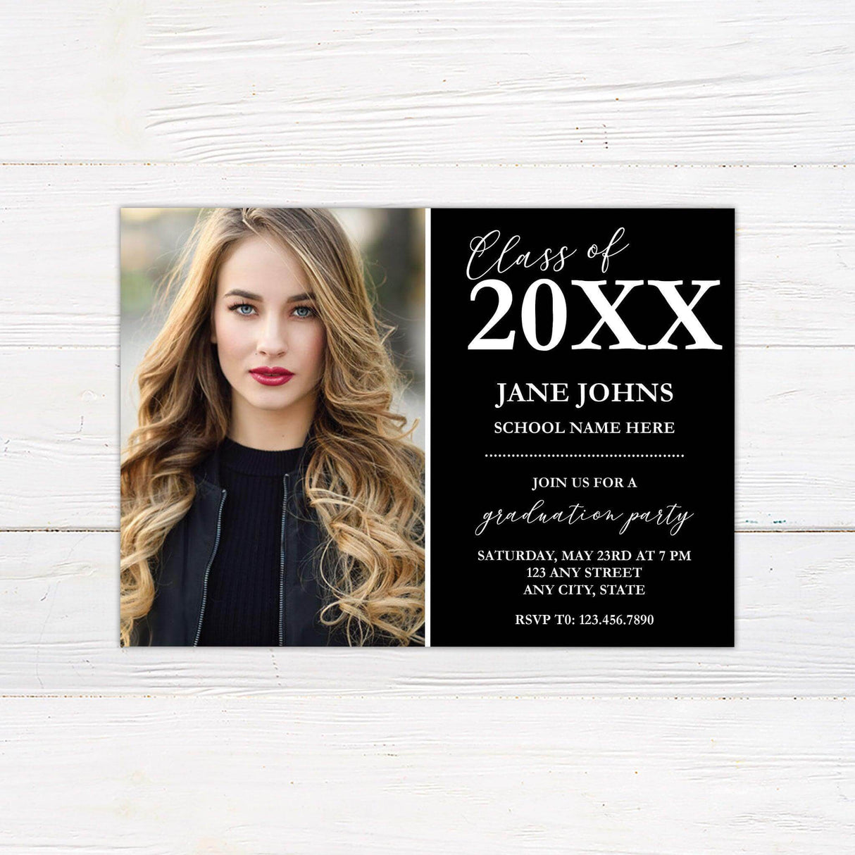 Elegant graduation invitation featuring a two-panel design. The left side showcases a personalized photo, while the right side includes graduation details with a customizable background color. The back of the invitation highlights two additional photos along with the graduation year, making it a perfect keepsake for celebrating this milestone. Ideal for high school and college graduates, this invitation is fully customizable to match school colors. Black.