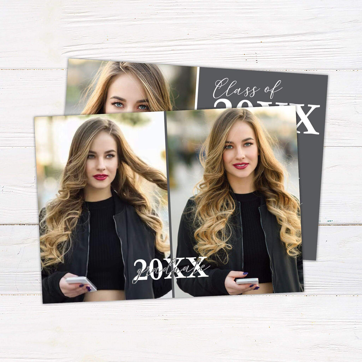 Elegant graduation invitation featuring a two-panel design. The left side showcases a personalized photo, while the right side includes graduation details with a customizable background color. The back of the invitation highlights two additional photos along with the graduation year, making it a perfect keepsake for celebrating this milestone. Ideal for high school and college graduates, this invitation is fully customizable to match school colors. Back Gray.