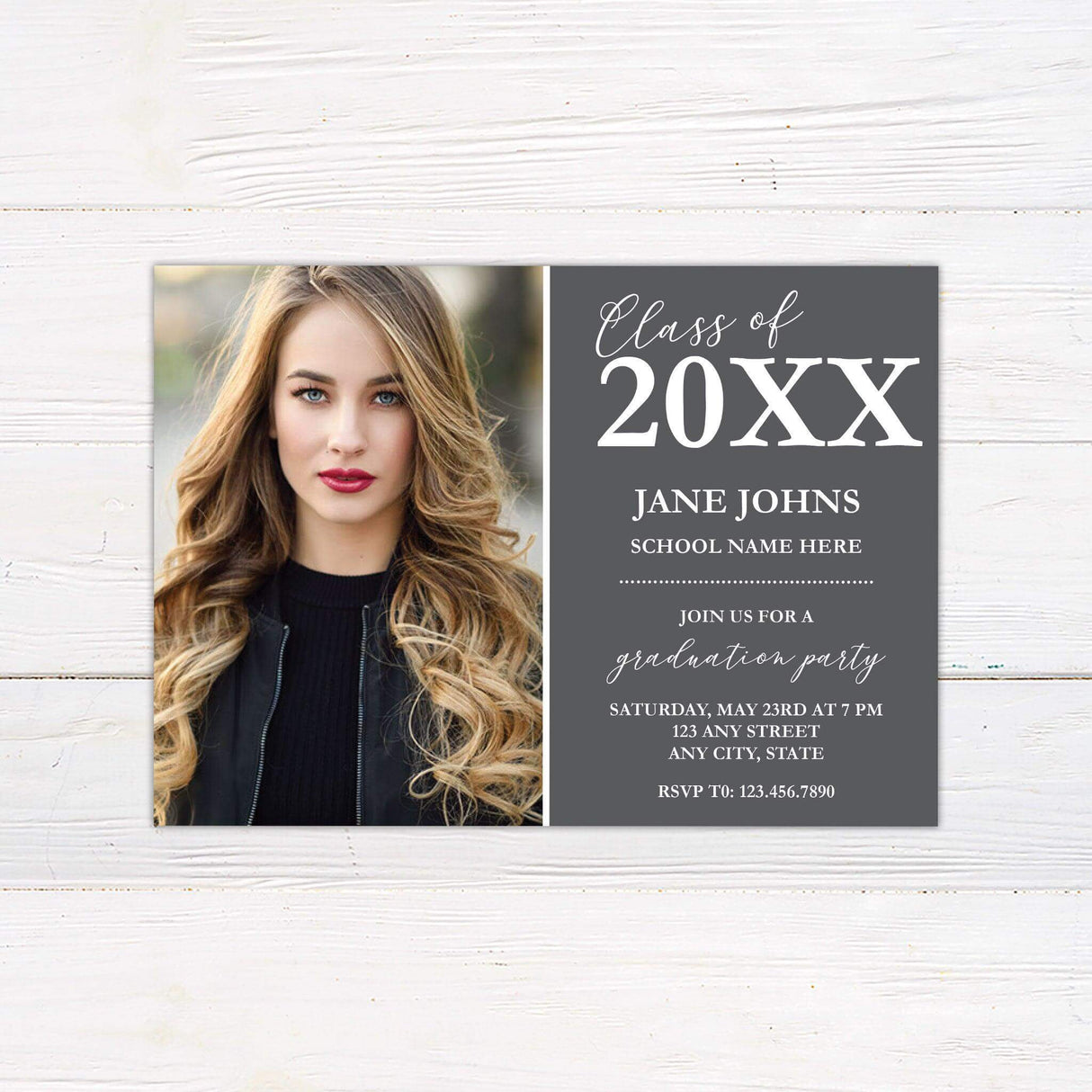 Elegant graduation invitation featuring a two-panel design. The left side showcases a personalized photo, while the right side includes graduation details with a customizable background color. The back of the invitation highlights two additional photos along with the graduation year, making it a perfect keepsake for celebrating this milestone. Ideal for high school and college graduates, this invitation is fully customizable to match school colors. Gray.