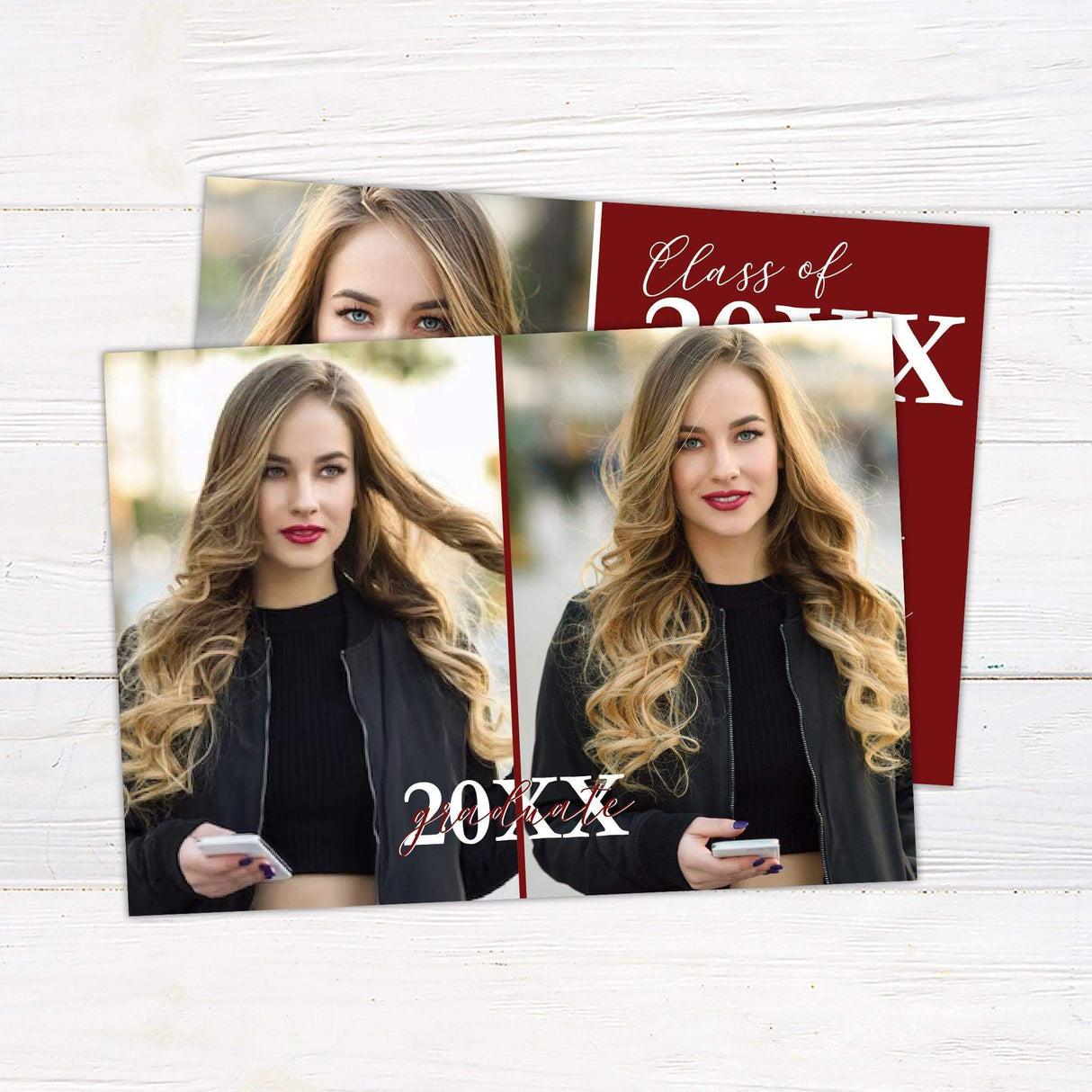 Elegant graduation invitation featuring a two-panel design. The left side showcases a personalized photo, while the right side includes graduation details with a customizable background color. The back of the invitation highlights two additional photos along with the graduation year, making it a perfect keepsake for celebrating this milestone. Ideal for high school and college graduates, this invitation is fully customizable to match school colors. Back Maroon.