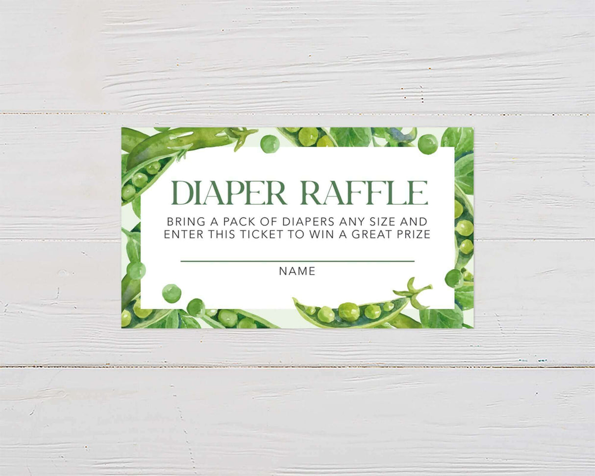 Diaper raffle baby shower card with pea pod design on white background.