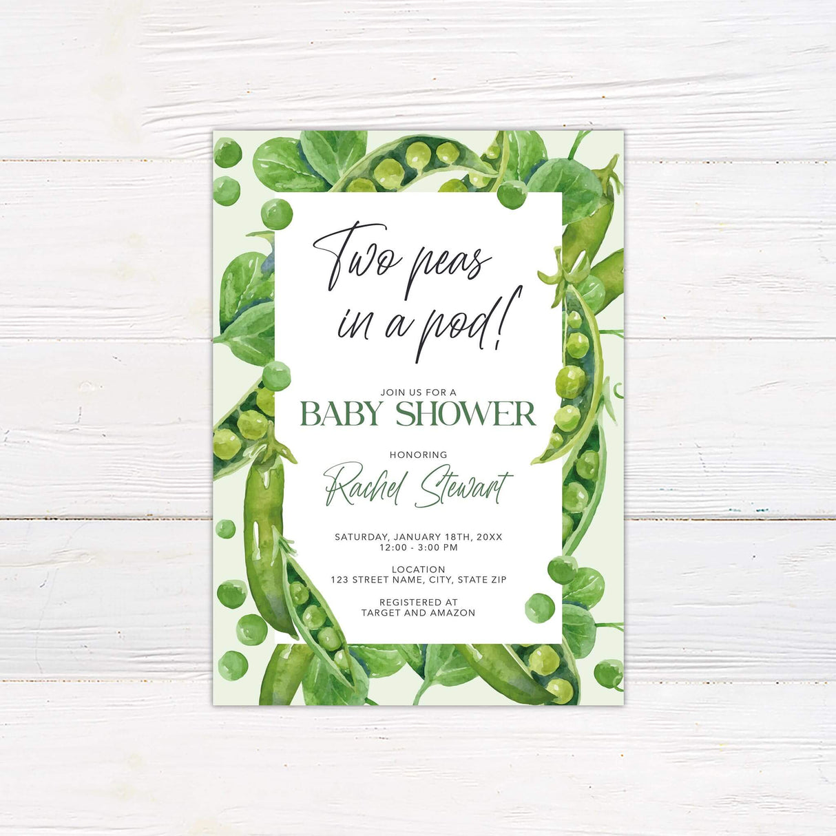 Two peas in a pod baby shower invitation for twins with watercolor pea pod design and modern typography.