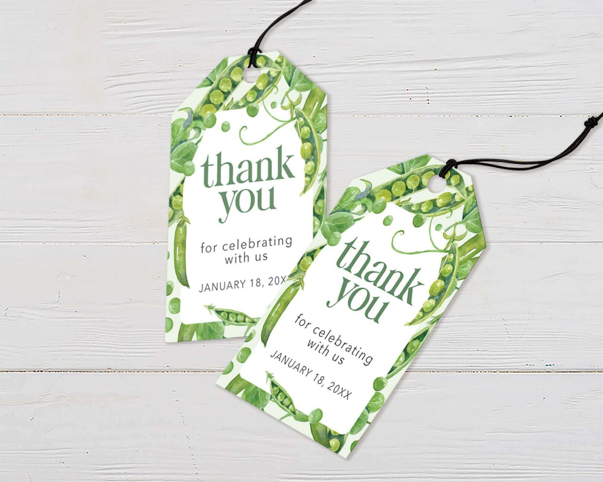 Two Peas in a Pod themed thank you tags with watercolor pea pod illustrations for a twin baby shower.