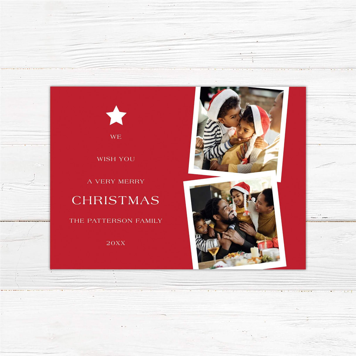 Two photo collage Christmas card with red background, white star accent, and personalized holiday greeting with family portraits.