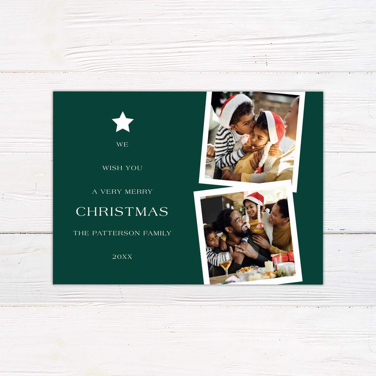 Two photo collage Christmas card with dark green background, white star accent, and personalized holiday greeting with family portraits.