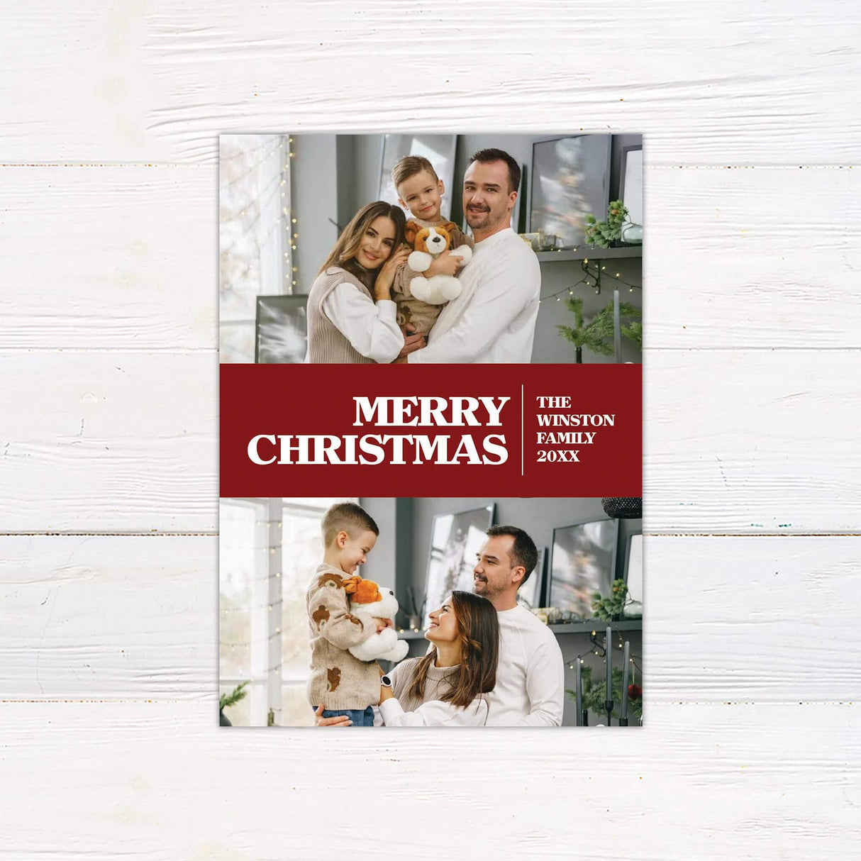 Holiday card with two family photos and a bold red banner reading “Merry Christmas” with family name and year. A festive Christmas photo card featuring two picture spaces and a central holiday greeting in red and white.