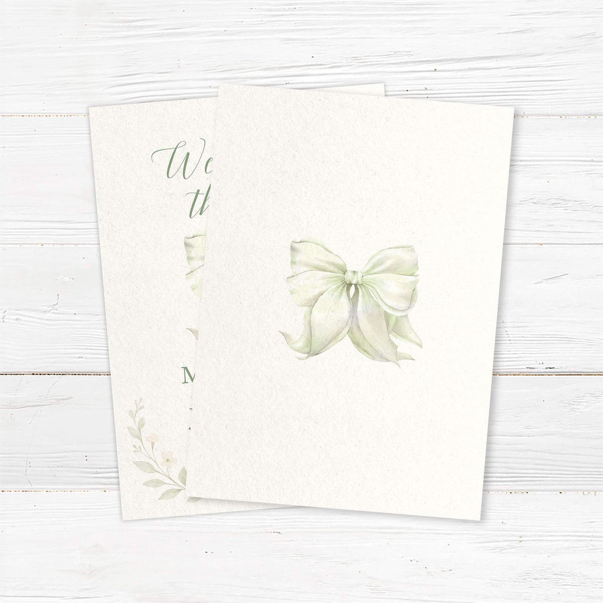“Tying the Knot” wedding invitation with hand-painted bow and floral accents, professionally printed on textured cardstock - back