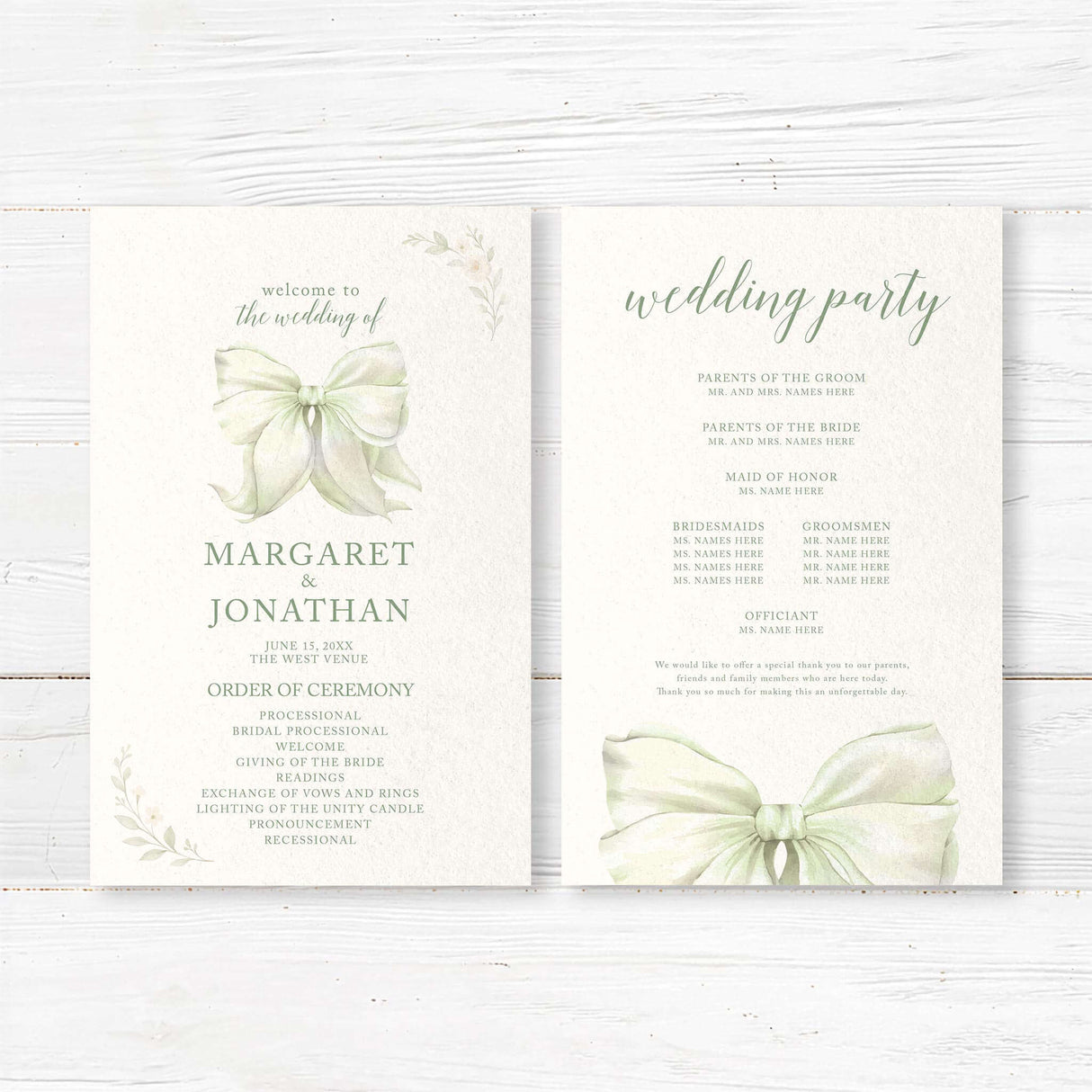 Wedding ceremony program featuring bow and floral theme