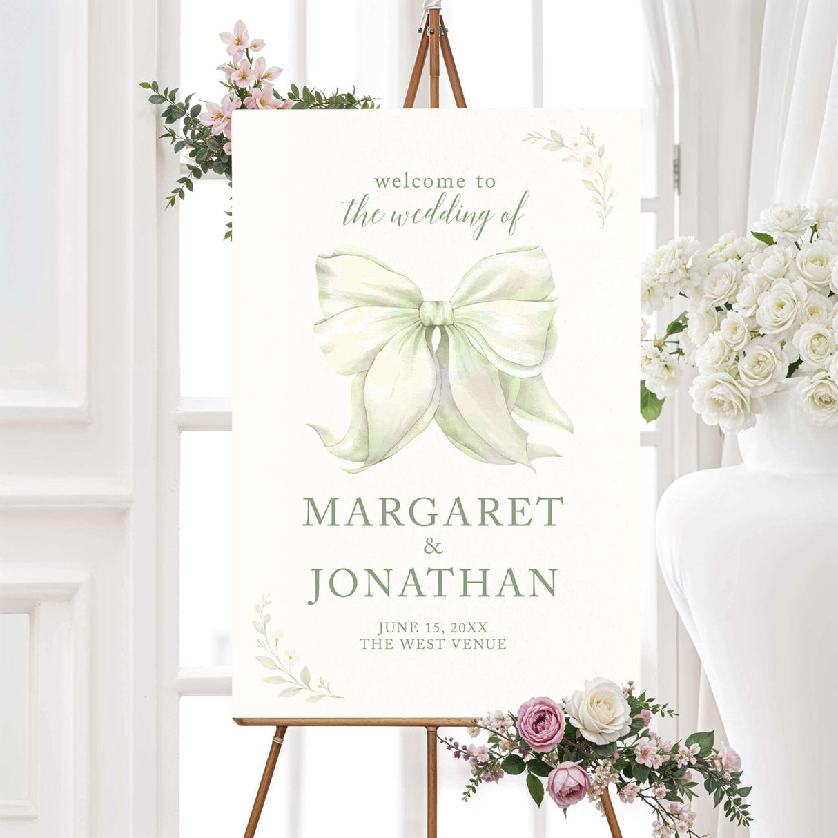 Wedding welcome sign with tying the knot bow and floral artwork