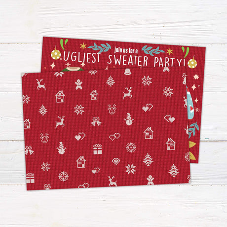 Colorful ugly sweater Christmas party invitation featuring festive sweater illustrations, red knit background, and whimsical holiday elements. back side