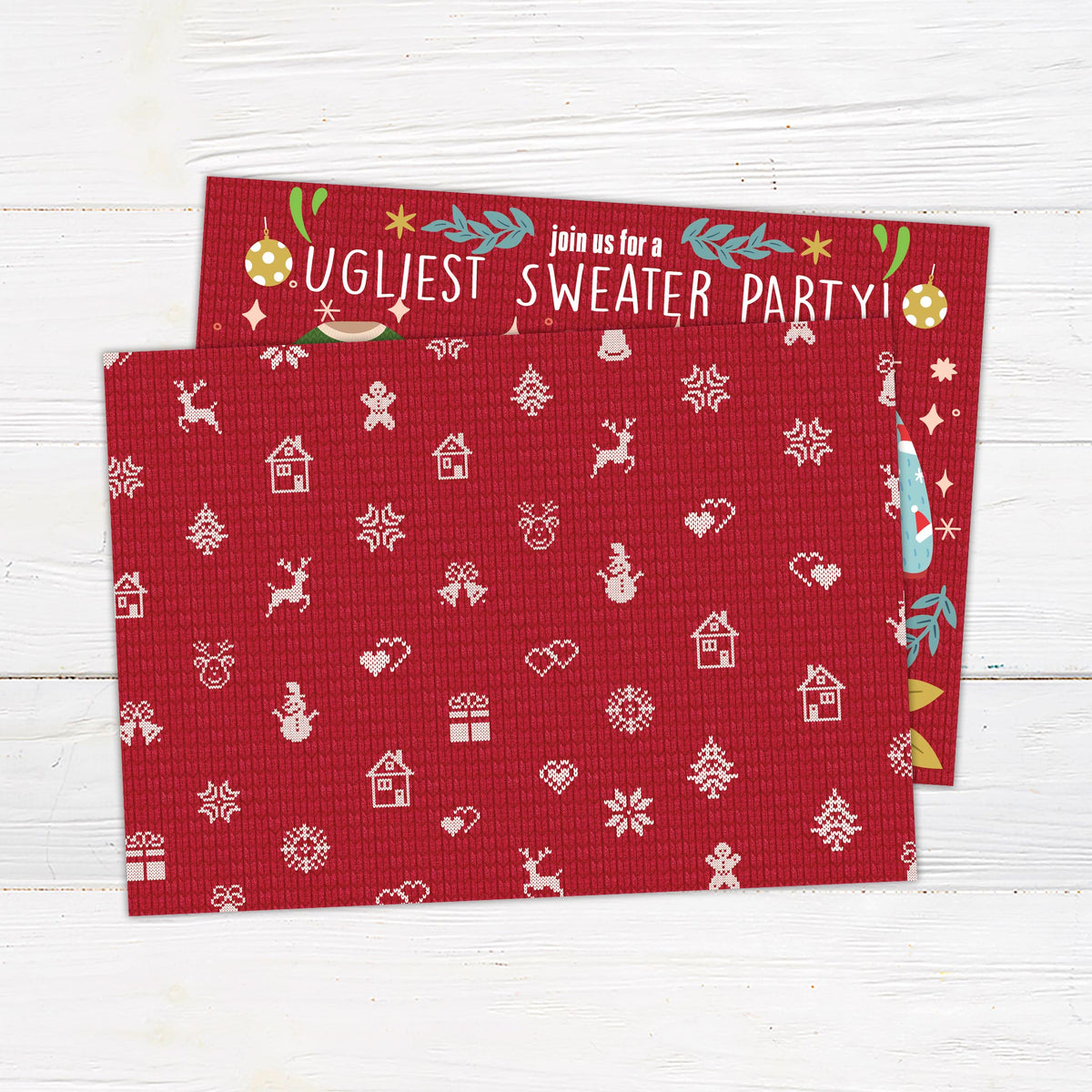 Colorful ugly sweater Christmas party invitation featuring festive sweater illustrations, red knit background, and whimsical holiday elements. - back.