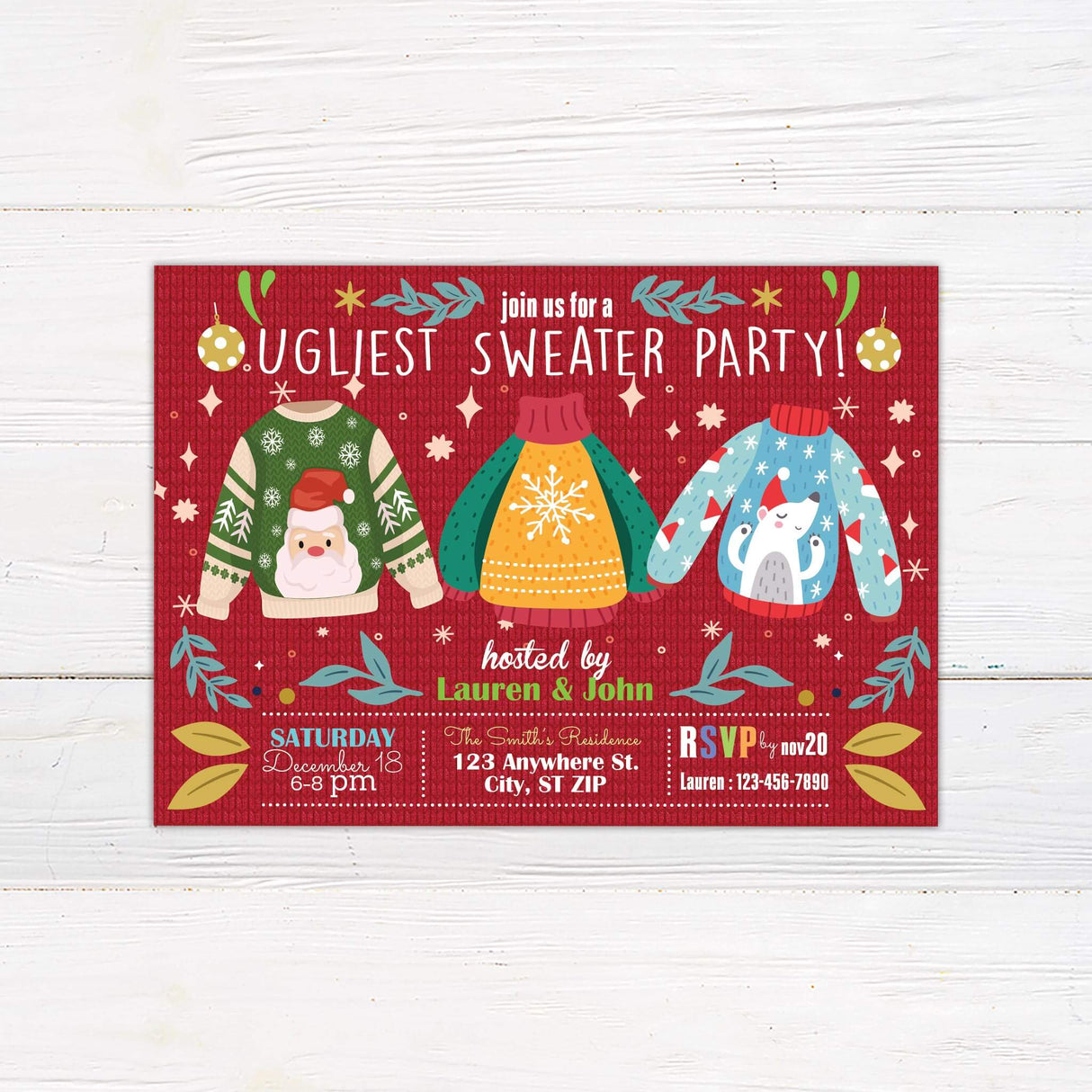 Colorful ugly sweater Christmas party invitation featuring festive sweater illustrations, red knit background, and whimsical holiday elements.