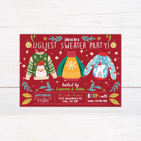 Colorful ugly sweater Christmas party invitation featuring festive sweater illustrations, red knit background, and whimsical holiday elements.