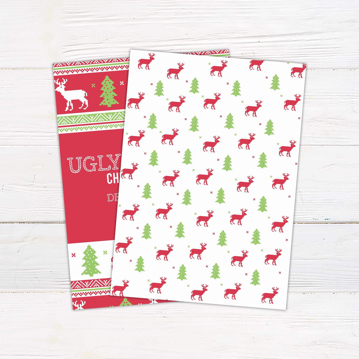 A red Christmas party invitation decorated with a festive ugly sweater pattern featuring reindeer, Christmas trees, and snowflakes. The design invites guests to a themed celebration with playful and bold holiday graphics. - back side.