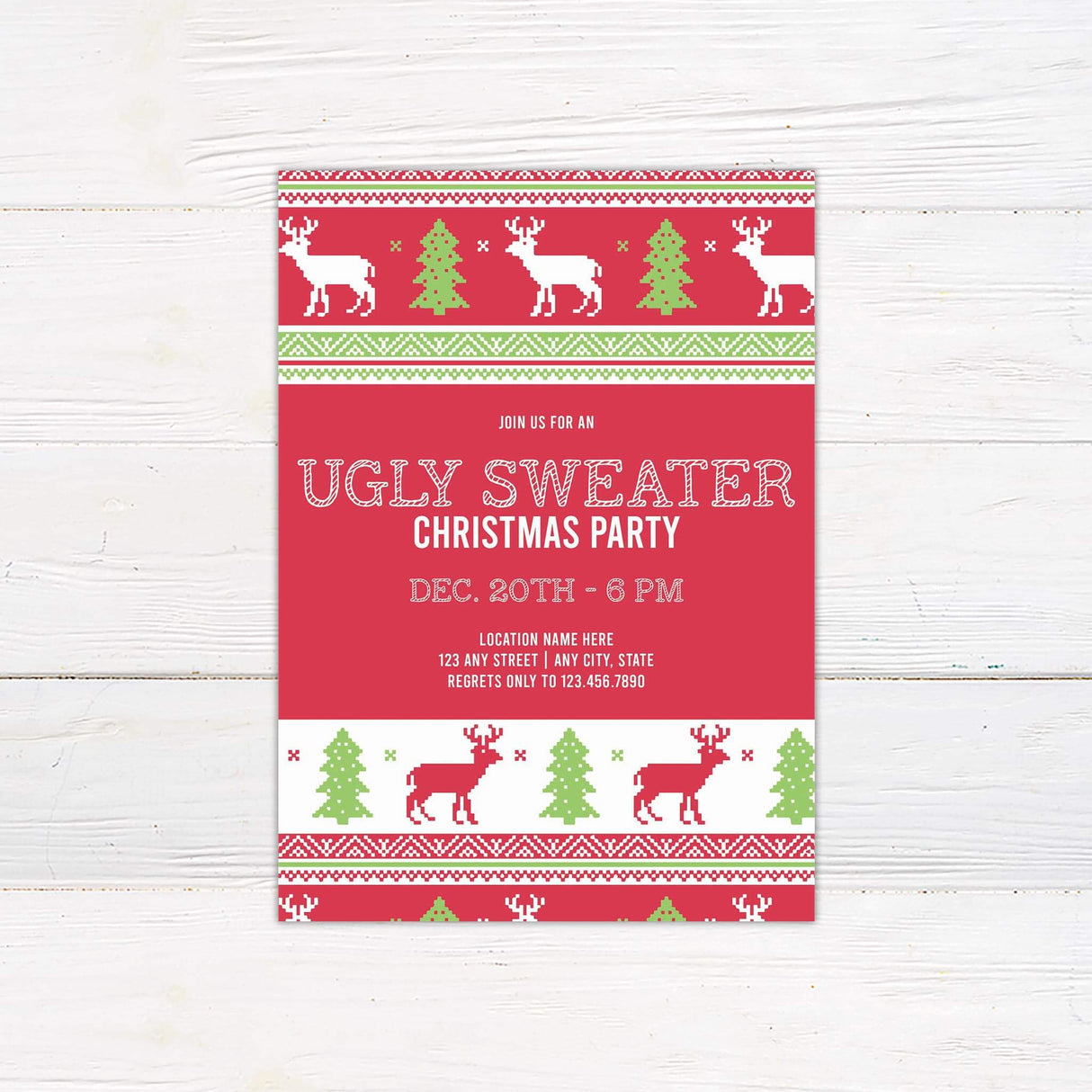 A red Christmas party invitation decorated with a festive ugly sweater pattern featuring reindeer, Christmas trees, and snowflakes. The design invites guests to a themed celebration with playful and bold holiday graphics.