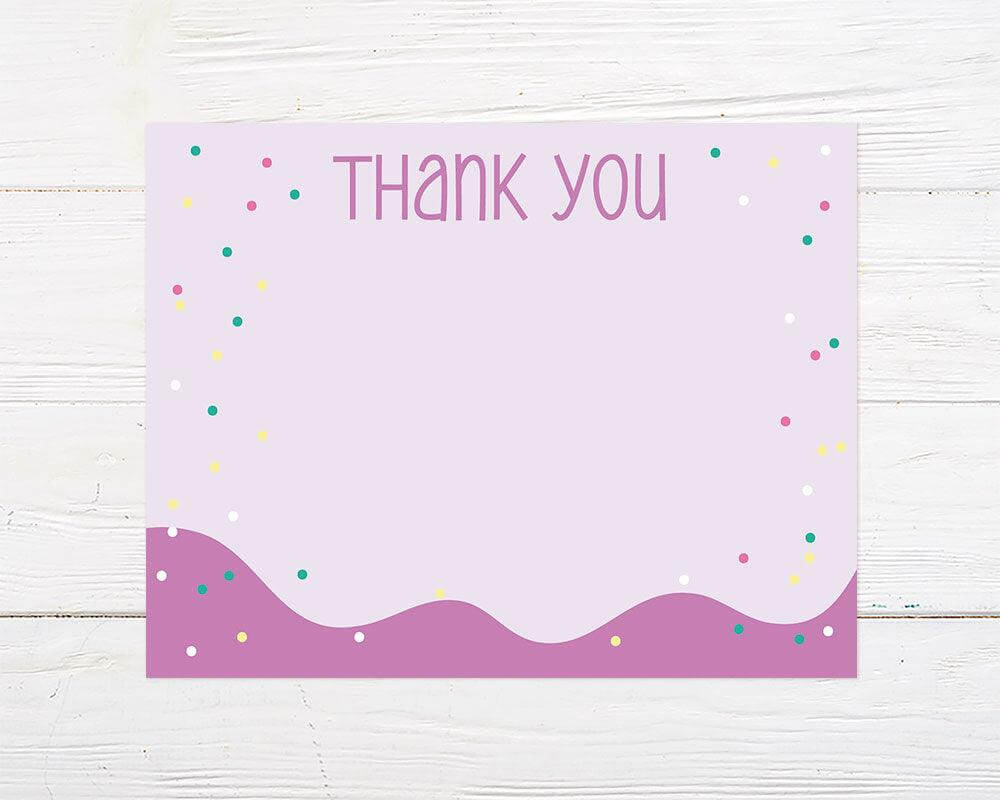 This thank you card features a pastel purple background with a wavy lavender border at the bottom and colorful confetti sprinkled throughout. The words "Thank You" are written at the top in a whimsical purple font.