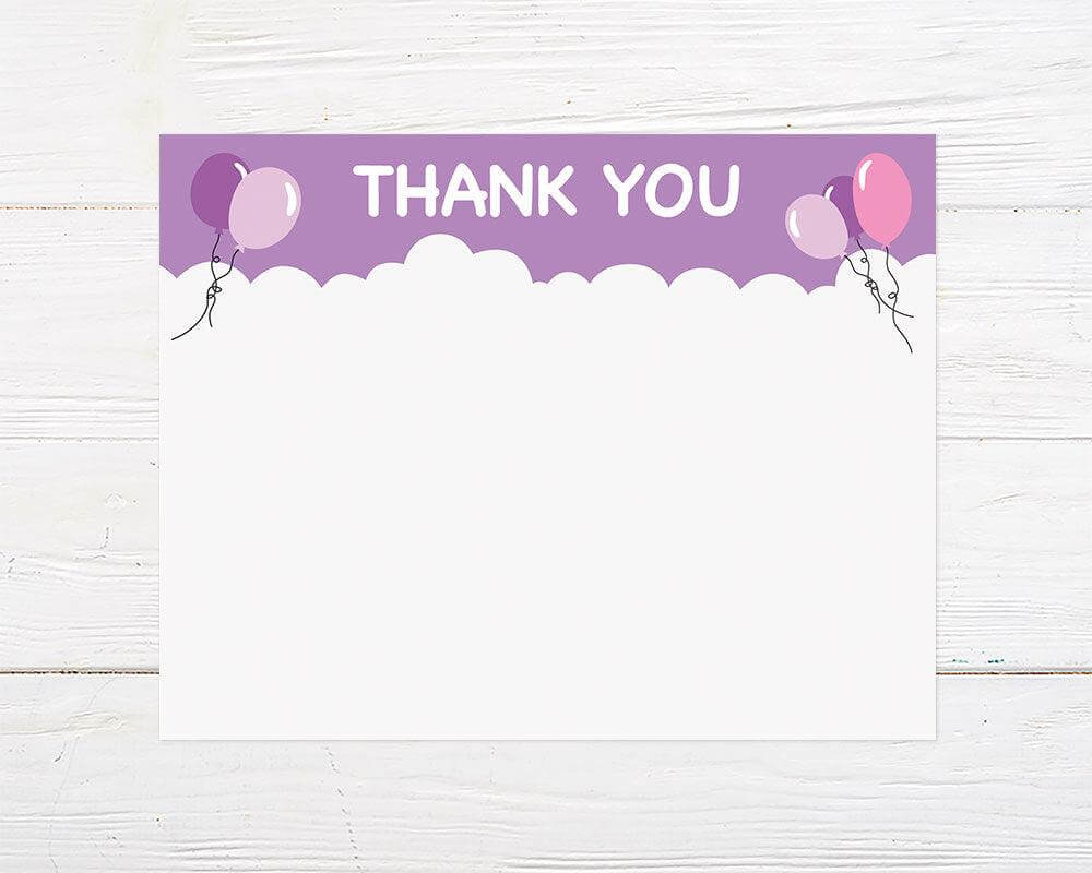 A colorful thank you card design with a purple top border and white clouds beneath, featuring pastel balloons in pinks and purples floating on both sides. The words “Thank You” are centered in playful white font, creating a cheerful and festive look.