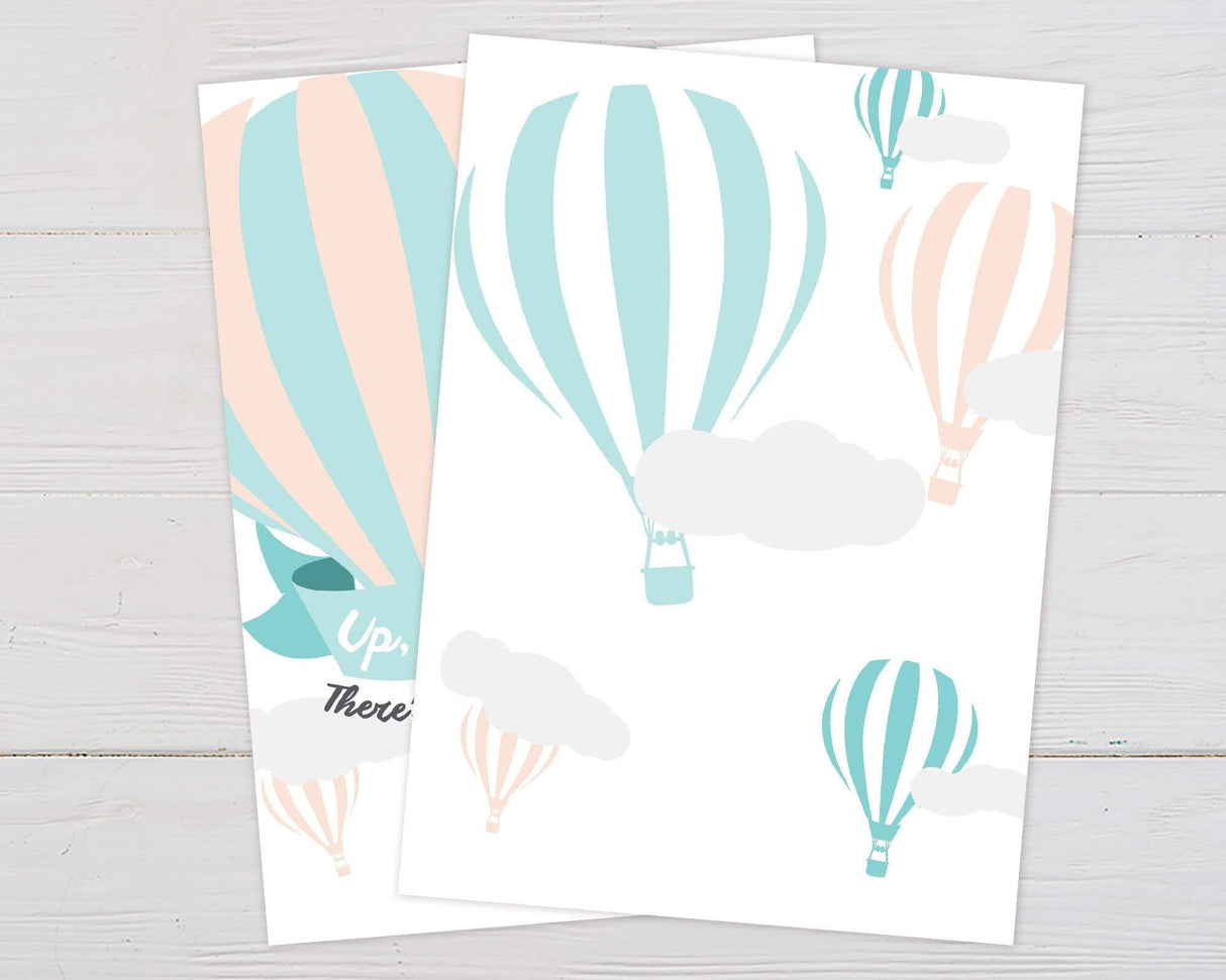Hot air balloon baby shower invitation featuring soft pastel colors, floating clouds, and elegant typography. Perfect for gender-neutral, adventure, or travel-themed baby showers. Back.