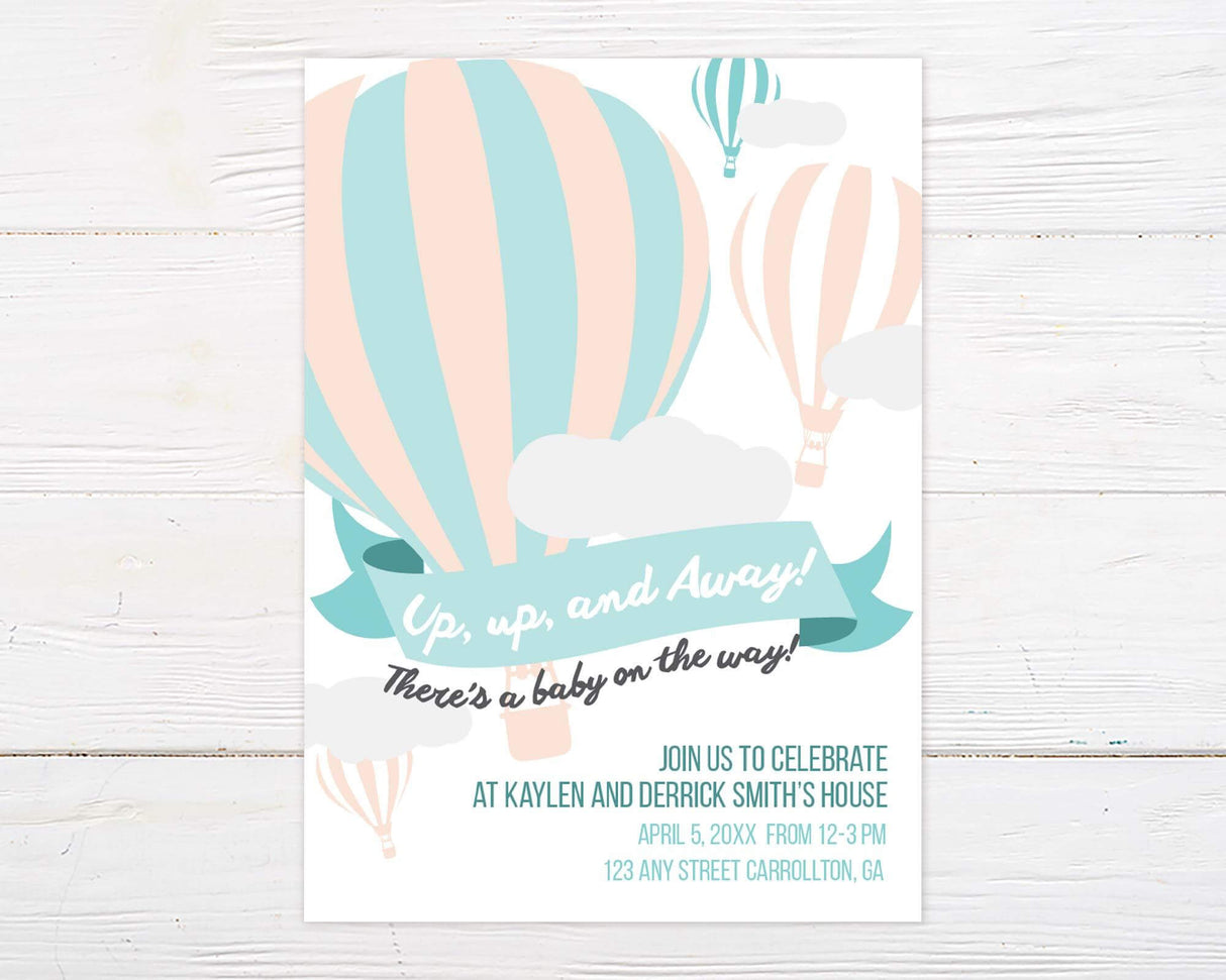 Hot air balloon baby shower invitation featuring soft pastel colors, floating clouds, and elegant typography. Perfect for gender-neutral, adventure, or travel-themed baby showers.