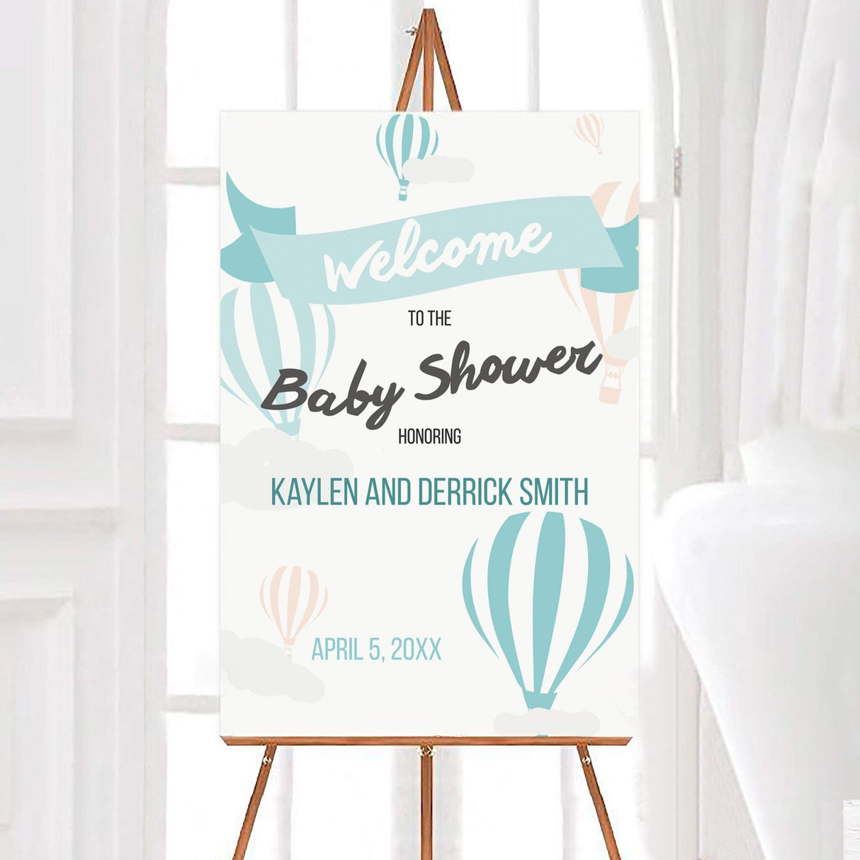 Hot air balloon baby shower welcome sign with soft pastel colors, floating clouds, and elegant typography. Perfect for gender-neutral, adventure, or travel-themed baby showers.