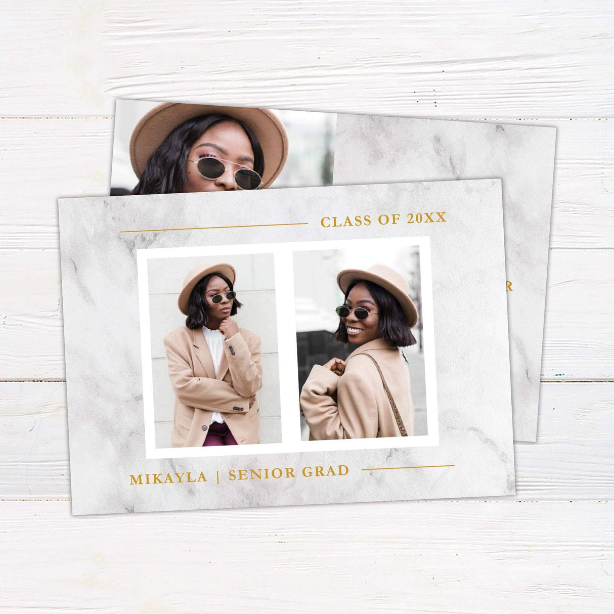 A modern printed graduation invitation featuring a personalized senior photo and a marble-textured background with sophisticated typography. Includes custom graduate details, printed on high-quality cardstock, ideal for high school and college graduates. gold back