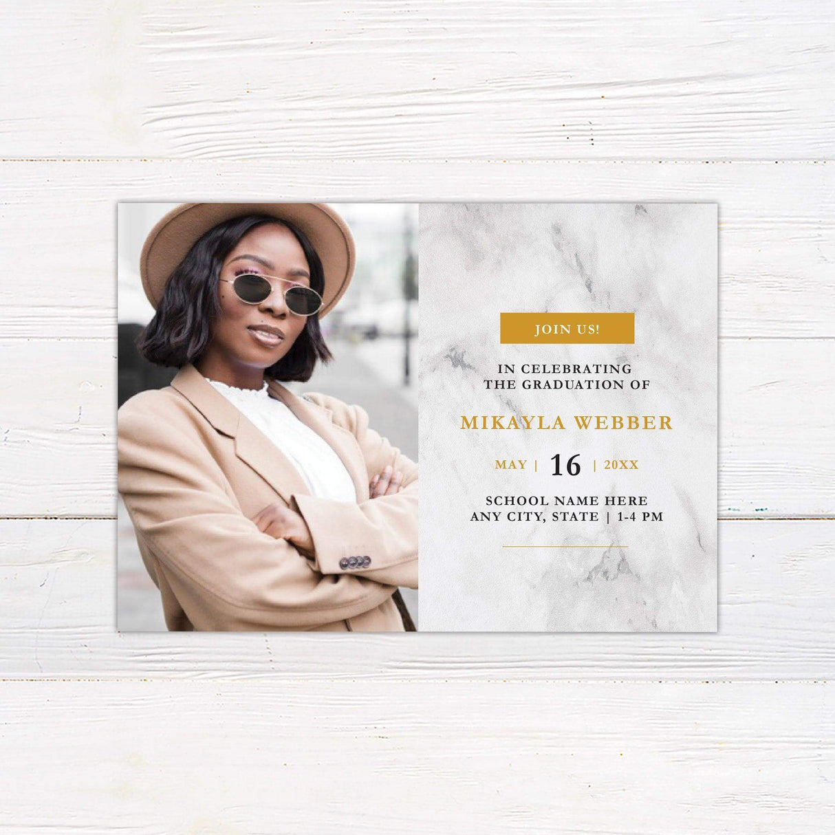 A modern printed graduation invitation featuring a personalized senior photo and a marble-textured background with sophisticated typography. Includes custom graduate details, printed on high-quality cardstock, ideal for high school and college graduates. gold