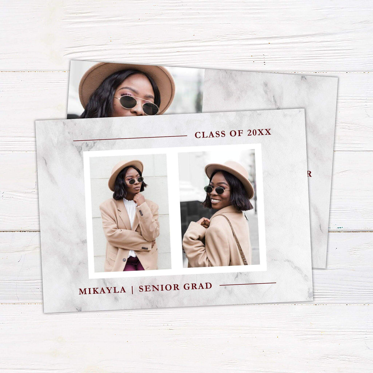 A modern printed graduation invitation featuring a personalized senior photo and a marble-textured background with sophisticated typography. Includes custom graduate details, printed on high-quality cardstock, ideal for high school and college graduates. burgundy back