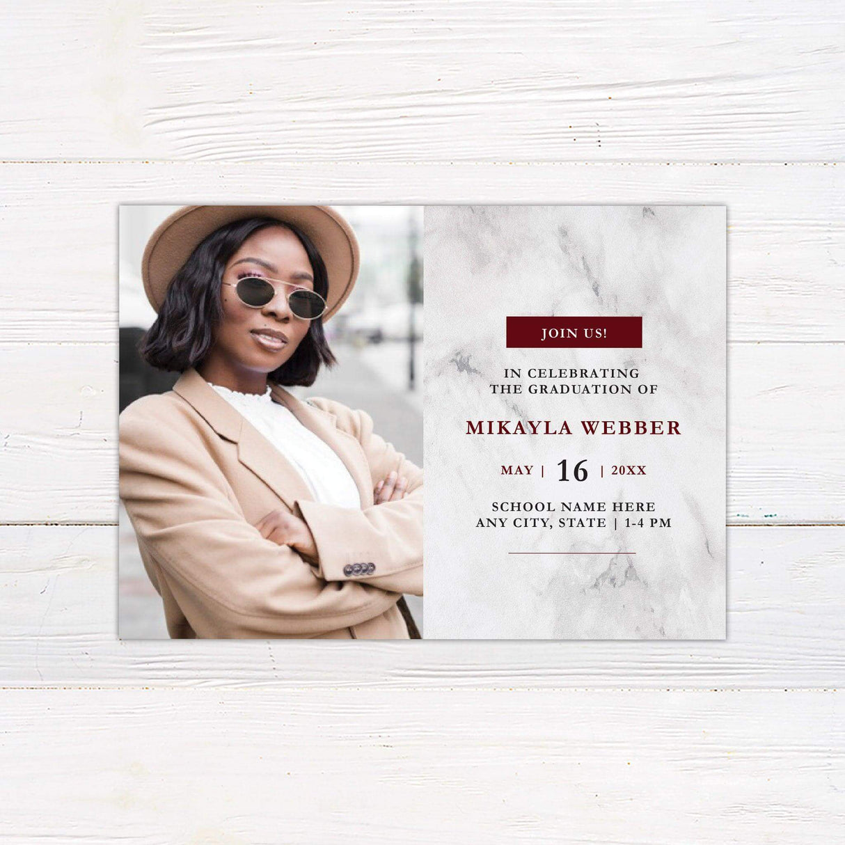 A modern printed graduation invitation featuring a personalized senior photo and a marble-textured background with sophisticated typography. Includes custom graduate details, printed on high-quality cardstock, ideal for high school and college graduates. burgundy