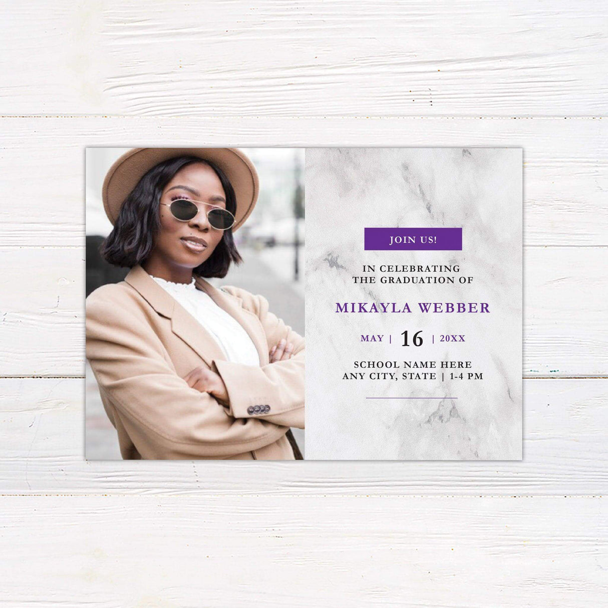A modern printed graduation invitation featuring a personalized senior photo and a marble-textured background with sophisticated typography. Includes custom graduate details, printed on high-quality cardstock, ideal for high school and college graduates. purple