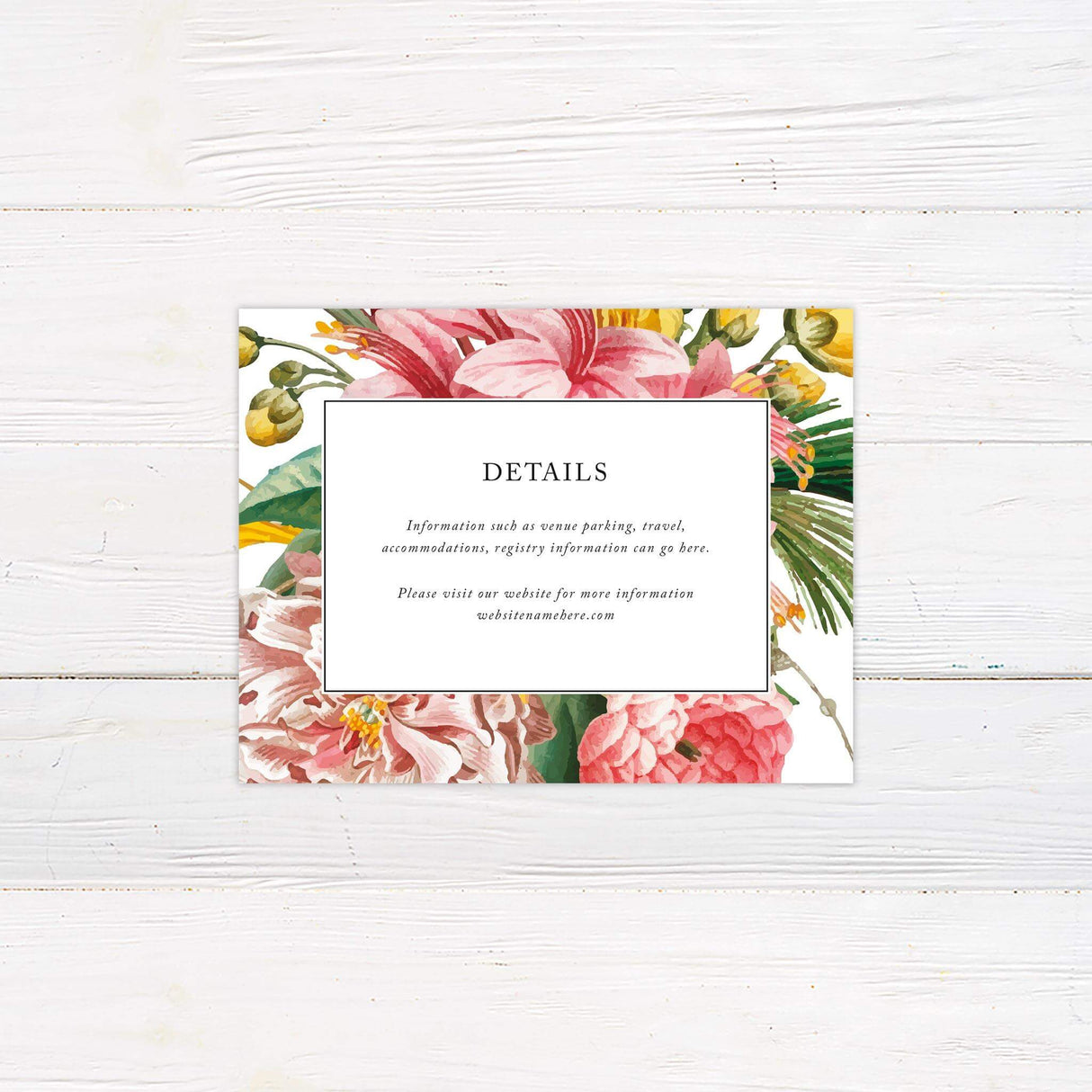Detail card with matching tropical watercolor flowers and modern text layout.