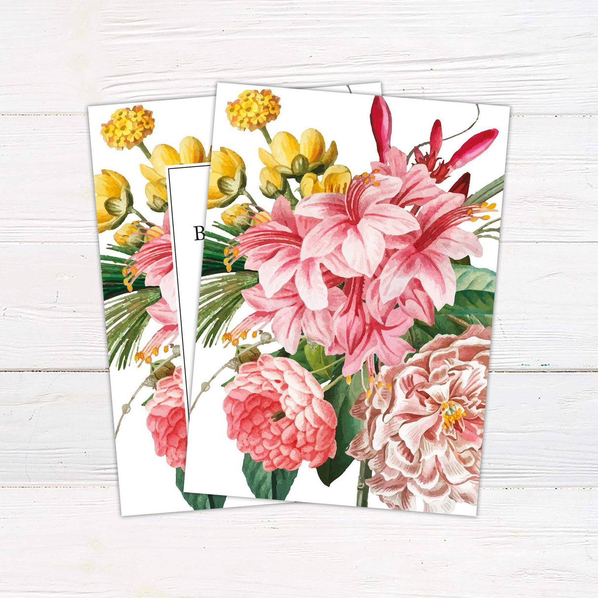 Colorful wedding invitation with tropical watercolor flowers and a clean white center panel with elegant serif and italic fonts.- back side