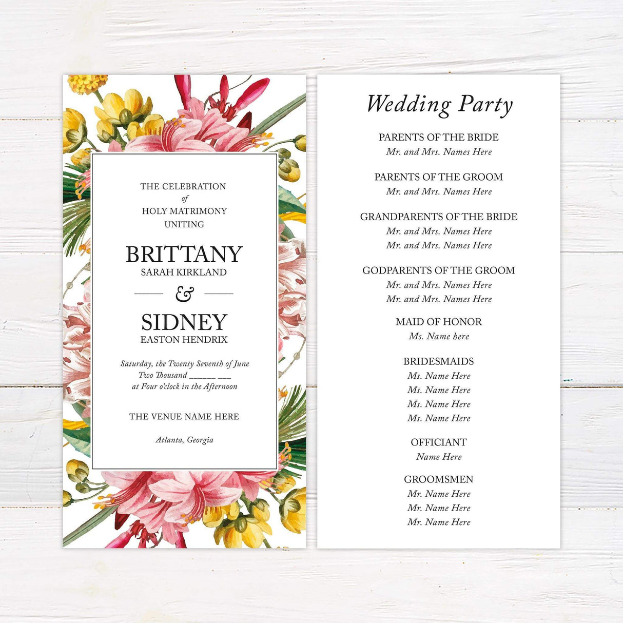 Wedding program featuring colorful floral borders and structured typography.