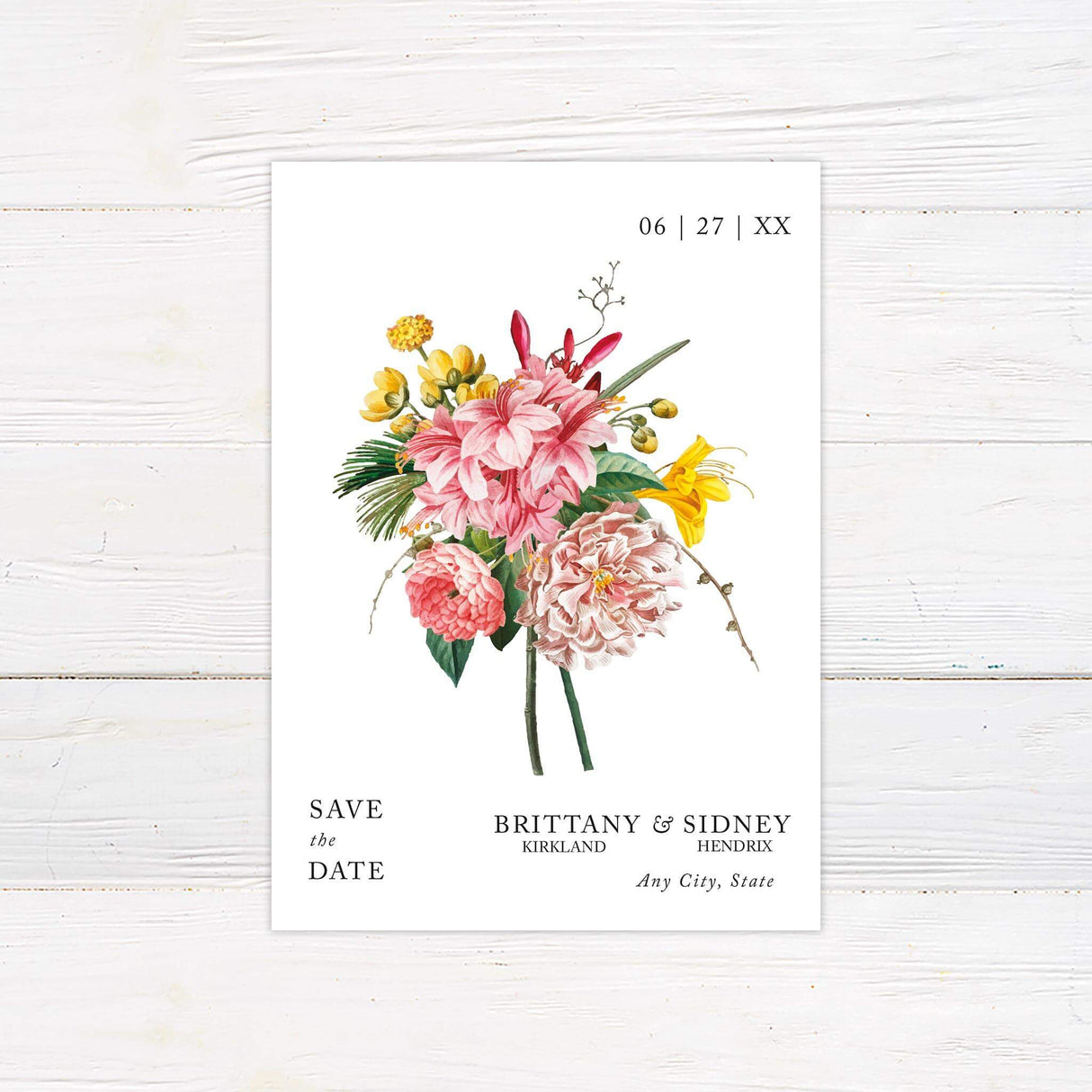 Save the Date card with bold watercolor florals and cohesive typography design.