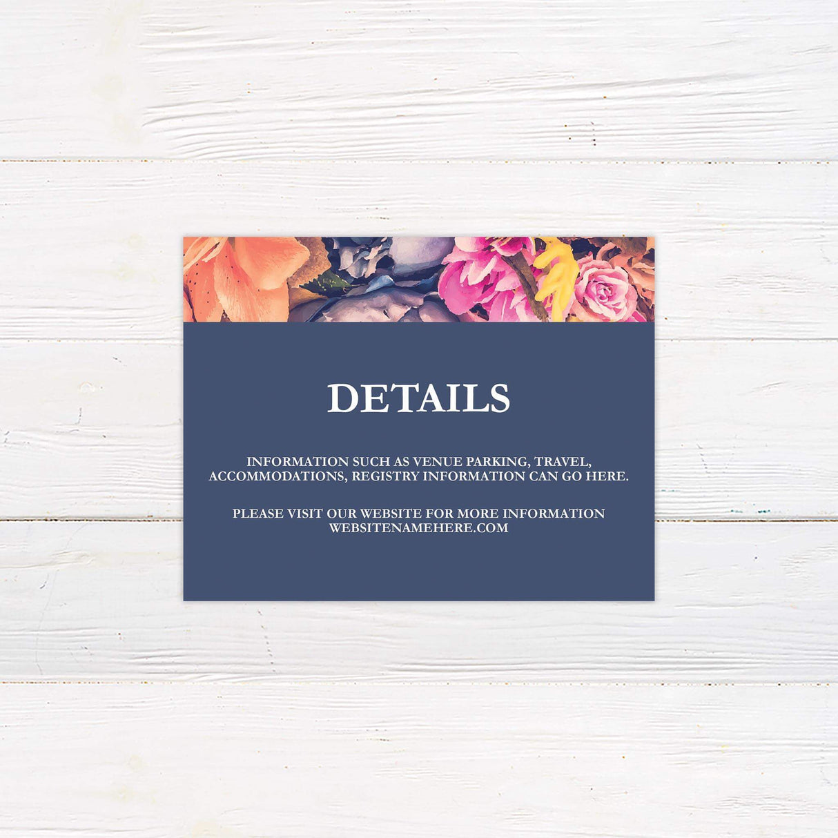 Detail card with matching bold floral border and navy backdrop, clean layout for wedding information.