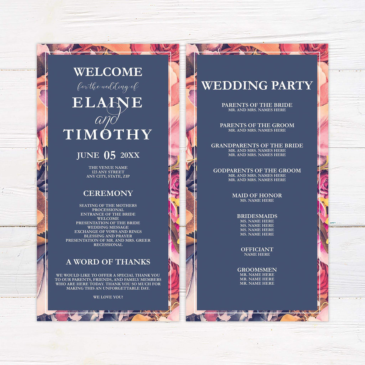 Wedding program with bright watercolor blooms and white text panel for ceremony details.