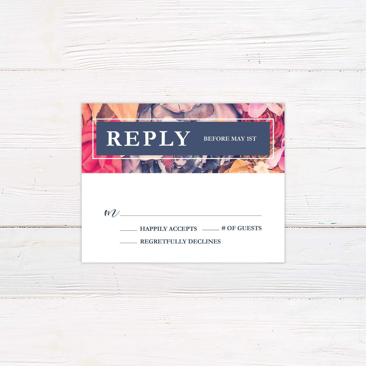 RSVP card with vivid watercolor florals and navy border, featuring elegant serif and script fonts.