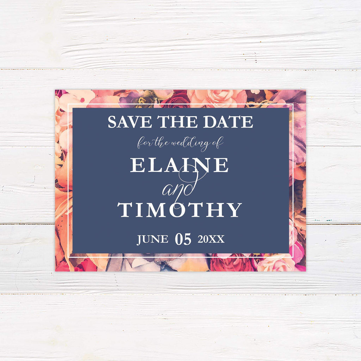 Save the Date card with vibrant painted florals and bold layout, ideal for spring or summer weddings.