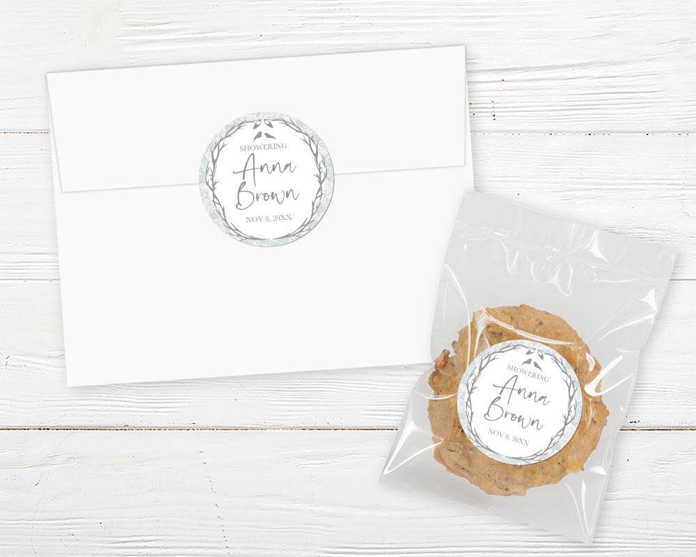 A vintage birds shower sticker with birds and a decorative circular wreath frame. The design features a lace-style background and soft neutral colors.