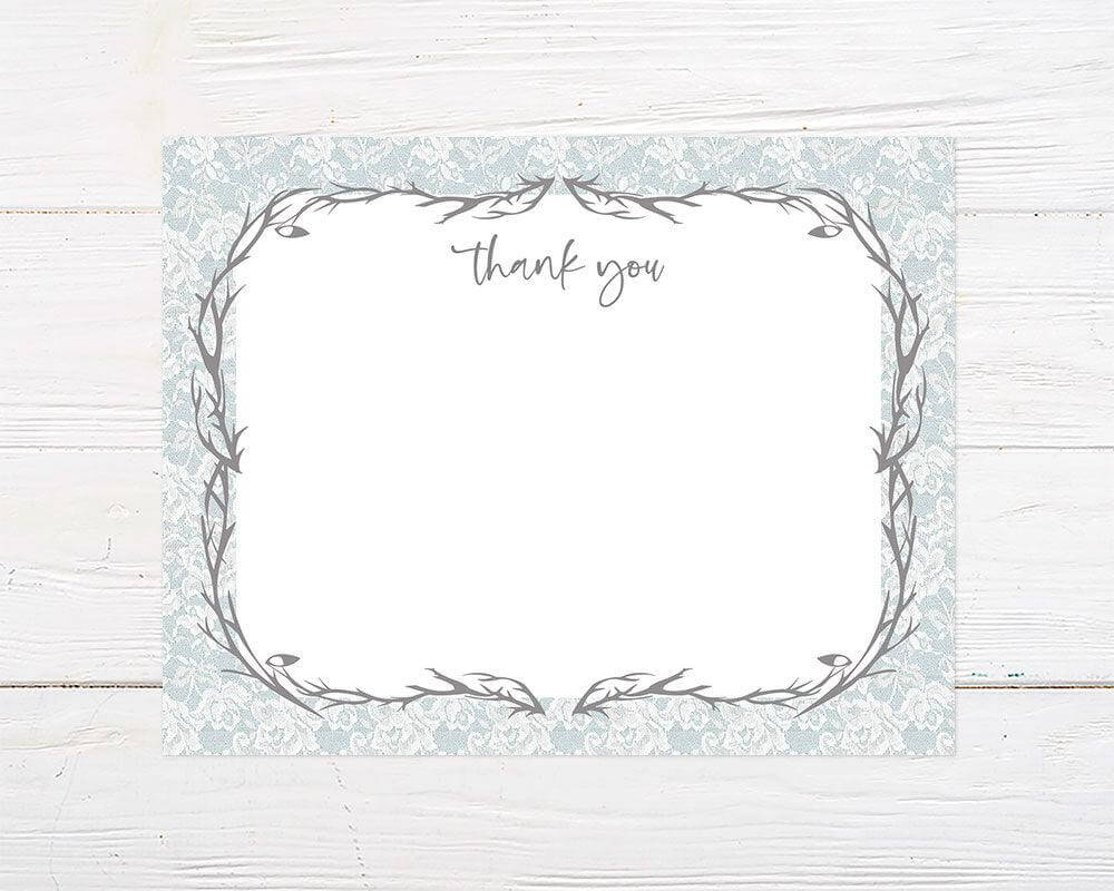A vintage birds shower thank you card with a decorative wreath frame. The design features a lace-style background and soft neutral colors.
