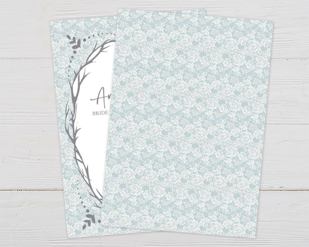 A vintage birds shower invitation with birds and a decorative wreath frame. The design features a lace-style background and soft neutral colors. - back.