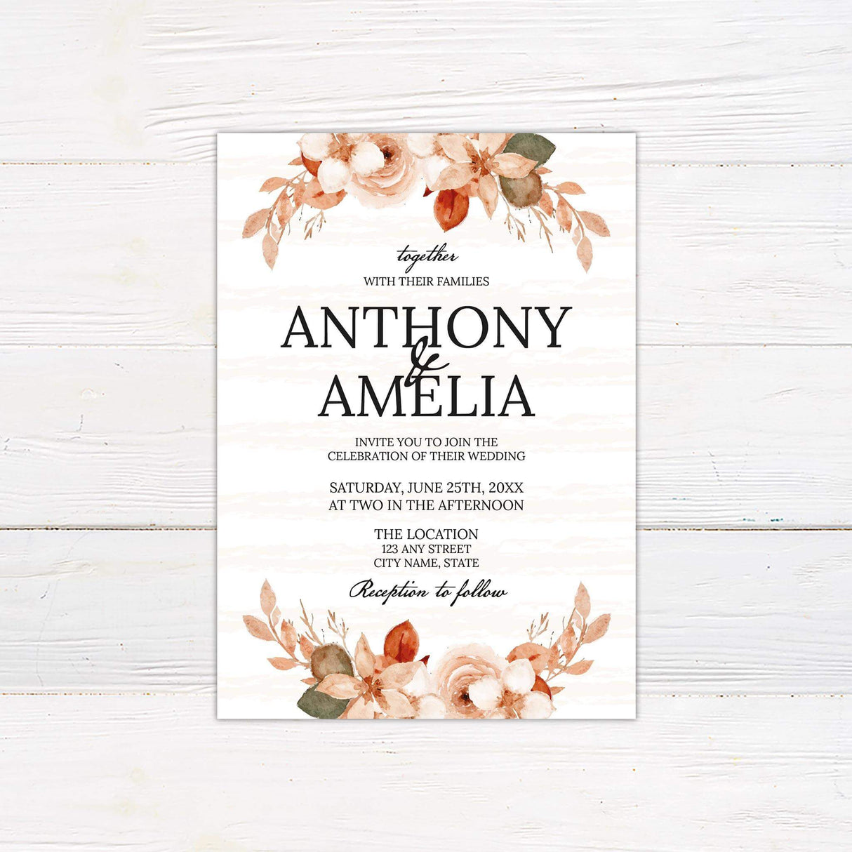 Wedding invitation featuring beige and rust watercolor florals with serif and script fonts on ivory background for a rustic fall wedding.