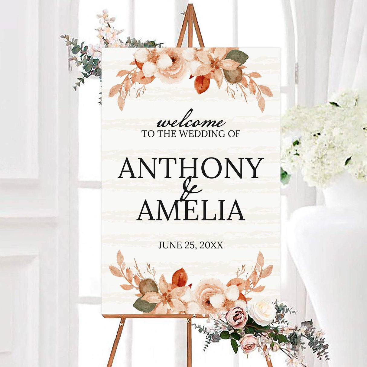 Vintage floral wedding welcome sign featuring romantic botanical illustrations and elegant personalized typography. The printed sign can be customized with the couple’s names and wedding date.