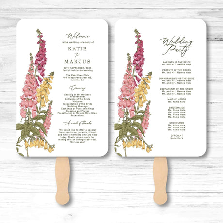 Elegant floral wedding program fan with botanical illustrations, wooden handle, and double-sided layout for ceremony and wedding party information