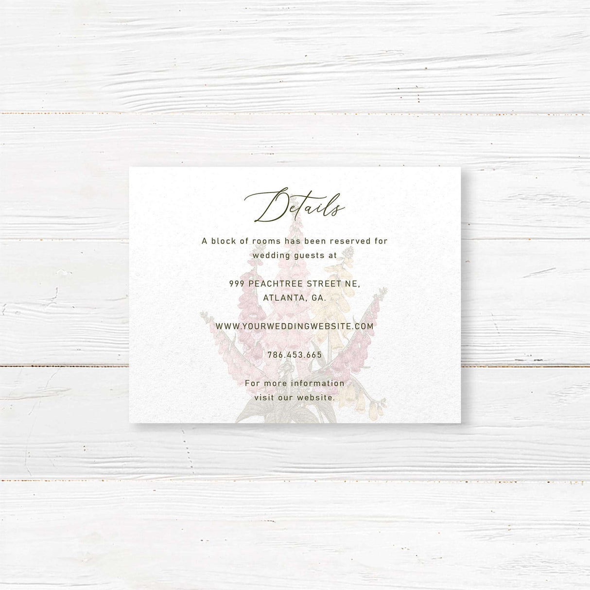 Wedding detail card with watercolor foxglove florals in blush, burgundy, and golden tones. Includes room for itinerary or accommodations. Vintage wedding style.