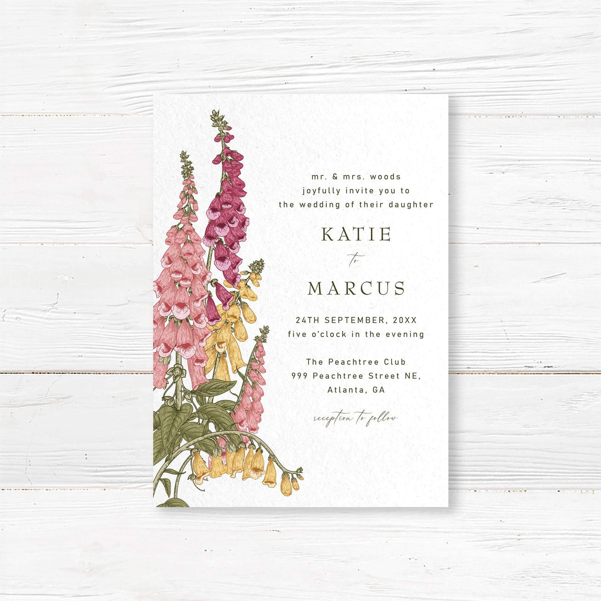 Wedding invitation with watercolor foxglove flowers in pink, burgundy, and gold, elegant serif fonts, and textured white background. Vintage botanical design.