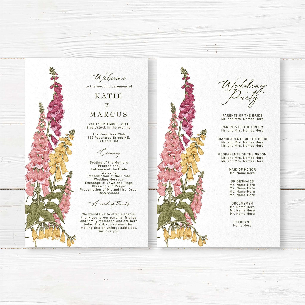 Wedding program with watercolor foxglove flowers and serif fonts on white cardstock. Includes timeline and wedding party details. Vintage floral theme.
