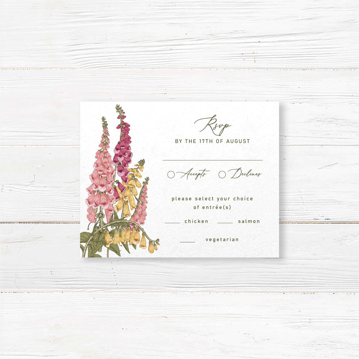 RSVP card with coordinating pink and gold watercolor foxglove flowers, serif fonts, and white background. Matches the Vintage Foxglove wedding invitation suite.
