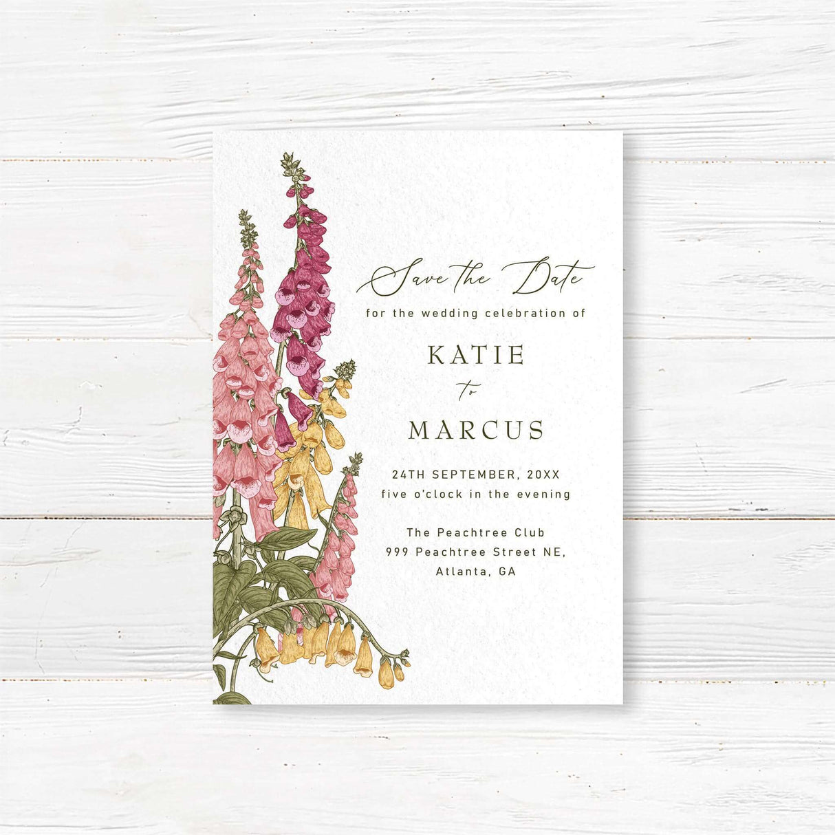 Save the Date card with watercolor foxglove florals in red and pink tones, serif text layout, and white background. Romantic botanical design for weddings.