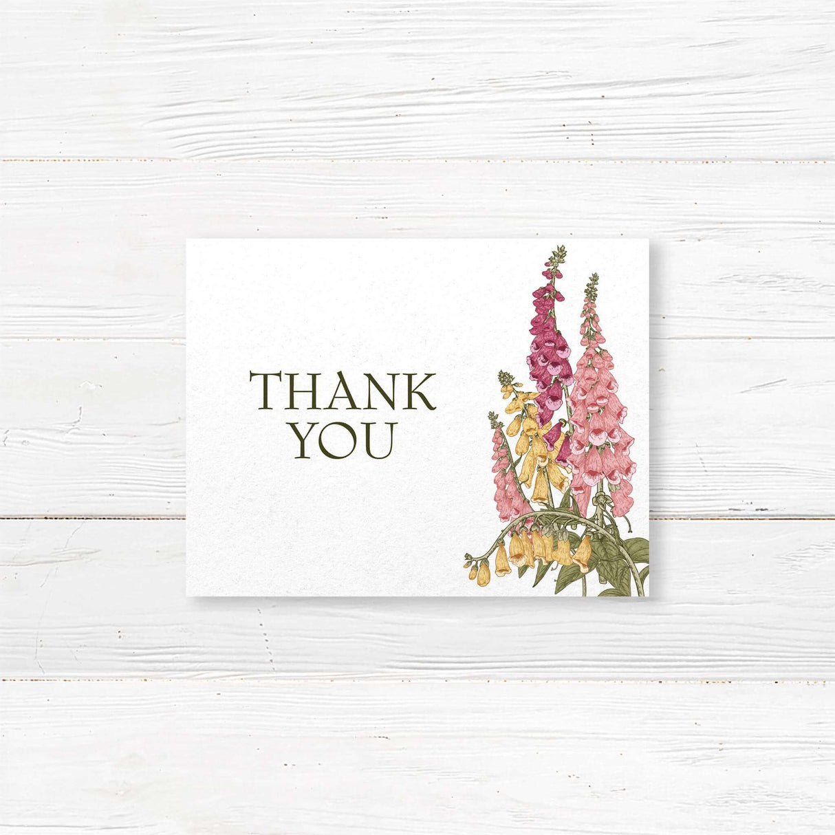 Thank you card with soft watercolor foxglove florals and elegant serif script. Printed on matte white cardstock to match the Vintage Foxglove wedding suite.